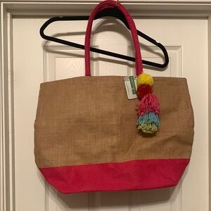 Summer Pink and Tan Tote Bag with Pom-Pom